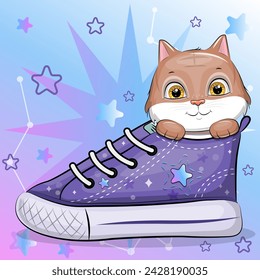 A cute cartoon cat with a sneaker. Vector illustration of an animal on a colorful background with stars.