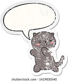 cute cartoon cat with speech bubble distressed distressed old sticker