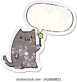 un lindo gato de dibujos animados con una burbuja de habla angustiado viejo pegatina