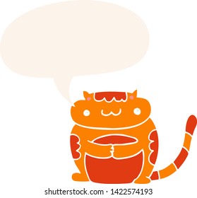 lindo gato de dibujos animados con burbuja de habla en estilo retro