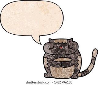 lindo gato de dibujos animados con burbuja de voz en estilo de textura retro