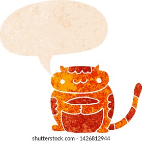 lindo gato de dibujos animados con burbuja de habla en un estilo retro angustiado estilo texturizado