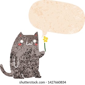 cute cartoon cat with speech bubble in grunge distressed retro textured style