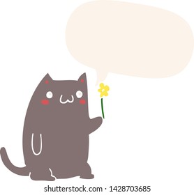 süße Cartoon-Katze mit Sprachblase im Retro-Stil