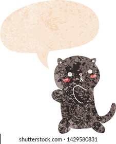 süße Cartoon-Katze mit Sprachblase im brüchigen Retro-strukturierten Stil