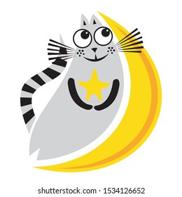 Cute cartoon cat with star and half moon. Vector illustration