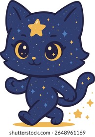 A cute cartoon cat with a starry night sky pattern walking happily. Magical and dreamy character design, perfect for children’s art, fantasy themes, or celestial illustrations.