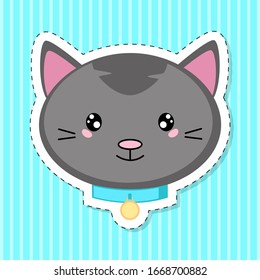 Cute cartoon cat sticker. Head in the style of kawaii. Vector illustration.