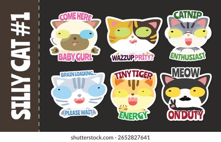 Cute Cartoon Cat Sticker Set with Funny Quotes