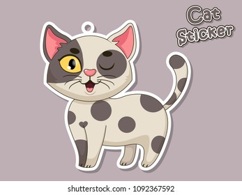 Cute Cartoon Cat Sticker. Vector Illustration With Cartoon Style Funny Animal.