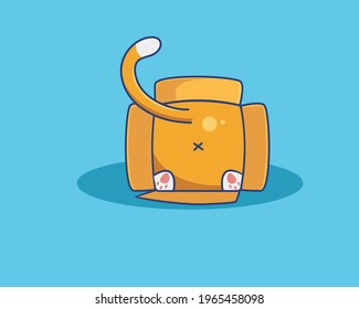 Cute Cartoon Cat stuck in Cardboard box show his butt pussy. Animal Cartoon Flat Style Icon illustration Premium Vector