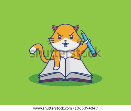 Cute Cartoon Cat Study Hard Writting and Reading a Book. Animal Cartoon Flat Style Icon illustration Premium Vector