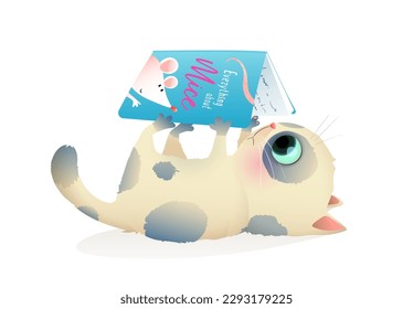 Cute cartoon cat studying and reading a book, for learning and education among children. Animal character for story book. Vector cartoon illustration, isolated clip art for kids.