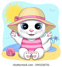 Cute cartoon cat in summer hat and swimwear on beach. Summer vector illustration with animal.