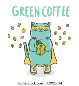 Cute cartoon  cat superhero holding green coffee bean. Superfood vector illustration.