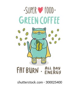 Cute cartoon cat superhero holding green coffee bean. Superfood vector illustration.