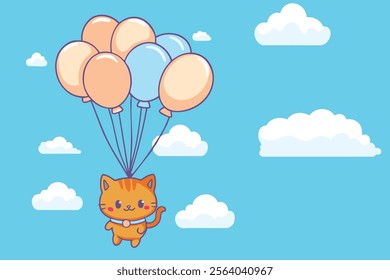 Cute Cartoon Cat Suspended by Colorful Balloons in Light Blue Sky