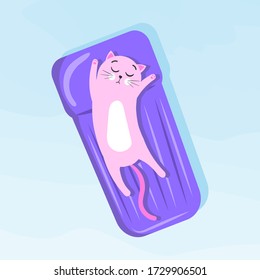 Un gato de dibujos animados lindo nada en la piscina sobre un colchón inflable para nadar. Ilustración vectorial aislada en un fondo blanco.