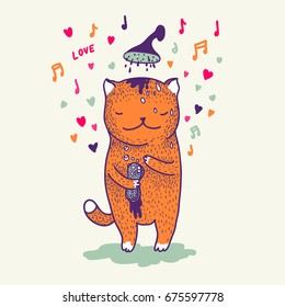 Cute cartoon cat taking a bath. Hand-drawn illustration.