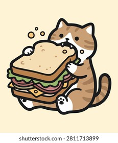 Cute Cartoon Cat Taking a Big Bite Out of a Giant Sandwich
