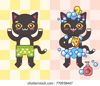 Cute cartoon cat taking a shower. Vector illustration.