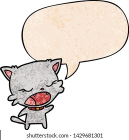 süße Cartoon Katze spricht mit Sprachblase im Retro-Stil