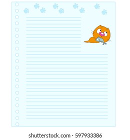 Cute cartoon cat. Template notebook. Cheerful note pad. Space for text. Vector illustration.