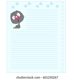 Cute cartoon cat. Template notebook. Cheerful note pad. Space for text. Vector illustration.