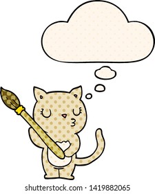 cute cartoon cat with thought bubble in comic book style