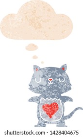 lindo gato de dibujos animados con burbuja de pensamiento en un estilo retro angustiado estilo retro texturado