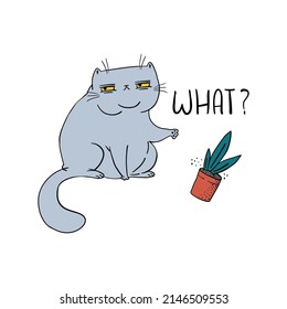 Cute cartoon cat throws a potted plant off the table. What cat breaking things. Vector illustrtation isolated on a white background.