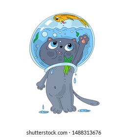 Cute cartoon cat trying to get gold fish from aquarium. Beautiful illustration for pets design.