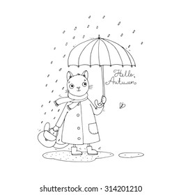 Cute cartoon cat, umbrella, rain and puddles. Hand drawing isolated objects on white background. Vector illustration. Coloring book. Hello, Autumn.