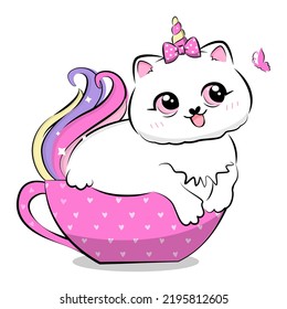 Cute cartoon cat with unicorn horn and tail. Vector illustration.