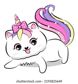 Cute cartoon cat with unicorn horn and tail. Vector illustration.