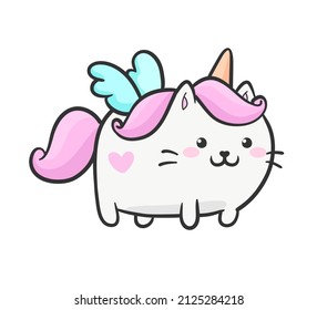 Cute cartoon cat unicorn or kitten caticorn - isolated vector. Baby Unicorn with wings cream pastel colors or kids design prints, posters, t-shirts, stickers, postcard