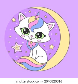 Cute cartoon cat unicorn on the moon. Flat vector illustration. For children's design of prints, posters, stickers, cards, etc. Vector