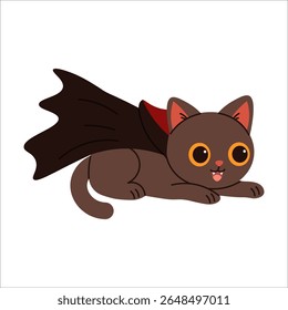 Gato de desenho animado bonito em uma fantasia de vampiro com uma capa preta e vermelha, ideal para desenhos de Halloween, festas assustadoras, decorações temáticas e ilustrações de férias divertidas.