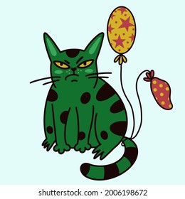 Cute Cartoon Cat Vector Icon. Green Kitten With Balloons. Grumpy Cat Celebrates Birthday. Sad Animal At The Party. Pop Art, Flat Style. Isolated Illustration On A White Background.