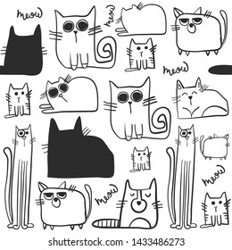 Cute Cartoon Cat Vector Icons, Seamless Pattern And Background for textile, fabric, web, kids and other design