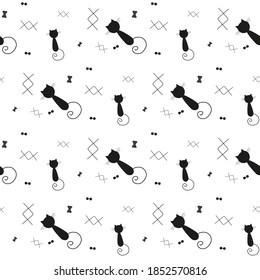 Iconos De Vector De Gato De Caricatura, Patrón Y Fondo Sin Margen. Pasos 10