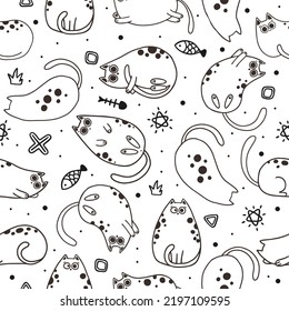 Cute Cartoon Cat Vector Icons, Seamless Pattern and Background