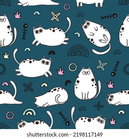 Cute Cartoon Cat Vector Icons, Seamless Pattern and Background