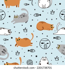 Iconos vectores de gatos de dibujos animados, patrón y fondo sin soldadura