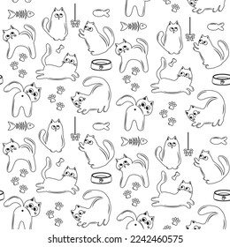 Cute Cartoon Cat Vector Icons, Seamless Pattern And Background