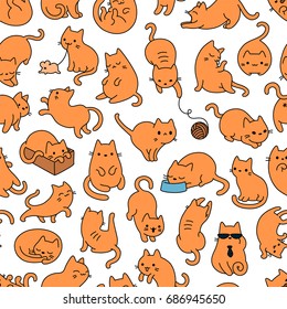 Cute Cartoon Cat Vector Icons,  Seamless Pattern And Background