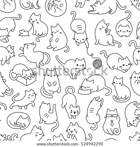 Cute Cartoon Cat Vector Icons, Seamless Pattern And Background