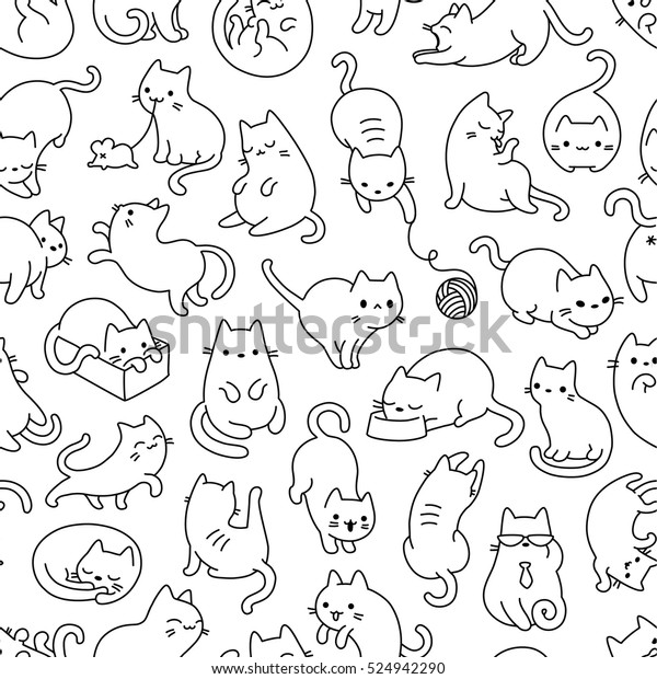 Cute Cartoon Cat Vector Icons, Seamless\
Pattern And Background