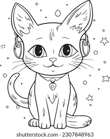 Cute Cartoon Cat vector Illustration, Cat Coloring page for kids and adults. Print design, t-shirt design, tattoo design, mural art, cat mascot