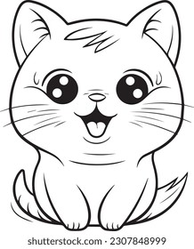 Cute Cartoon Cat vector Illustration, Cat Coloring page for kids and adults. Print design, t-shirt design, tattoo design, mural art, cat mascot